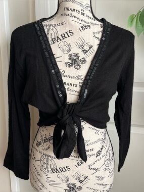 XOXO Y2K Tie-Front Sequin Trim Bolero Cardigan Black Sz L